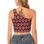 Red And White Paw Knitted Pattern Print One Shoulder Crop Top
