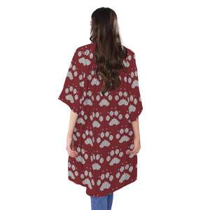 Red And White Paw Knitted Pattern Print Open Front Beach Cover Up