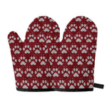 Red And White Paw Knitted Pattern Print Oven Mitts