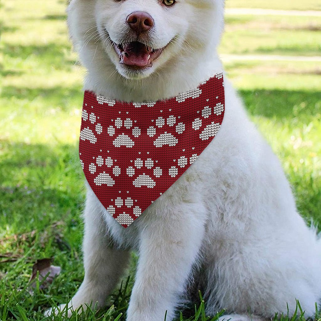 Red And White Paw Knitted Pattern Print Over The Collar Dog Bandana