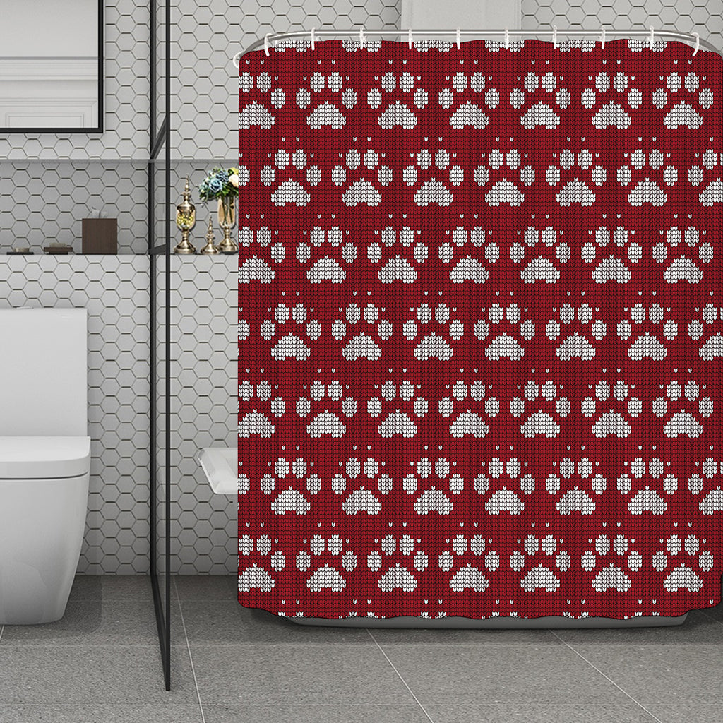 Red And White Paw Knitted Pattern Print Polyester Shower Curtain