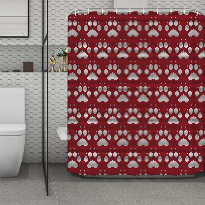 Red And White Paw Knitted Pattern Print Polyester Shower Curtain