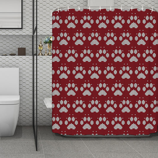 Red And White Paw Knitted Pattern Print Polyester Shower Curtain