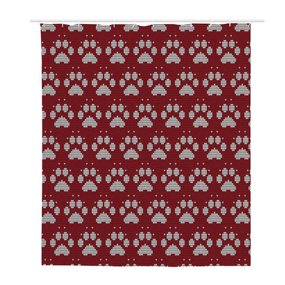 Red And White Paw Knitted Pattern Print Polyester Shower Curtain