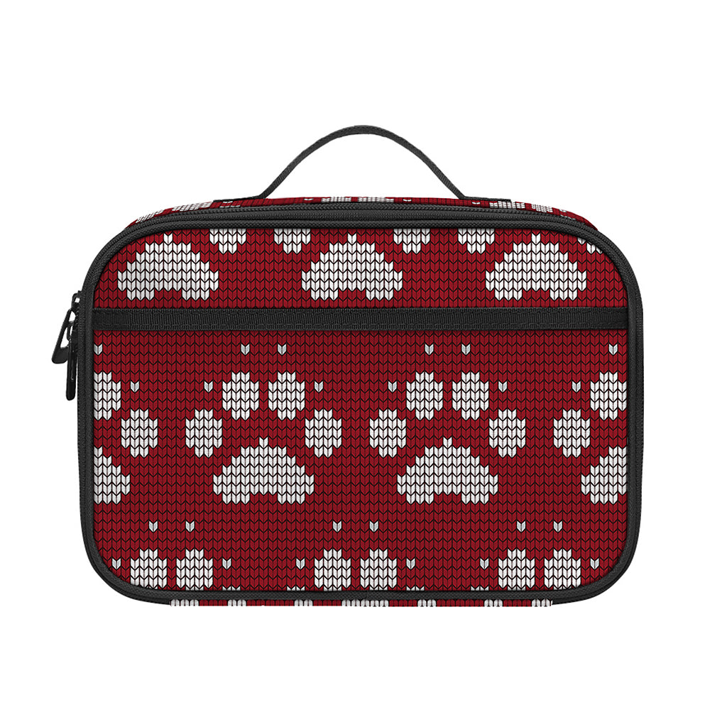 Red And White Paw Knitted Pattern Print Portable Lunch Bag