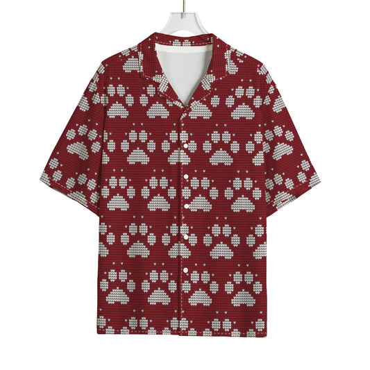 Red And White Paw Knitted Pattern Print Rayon Hawaiian Shirt
