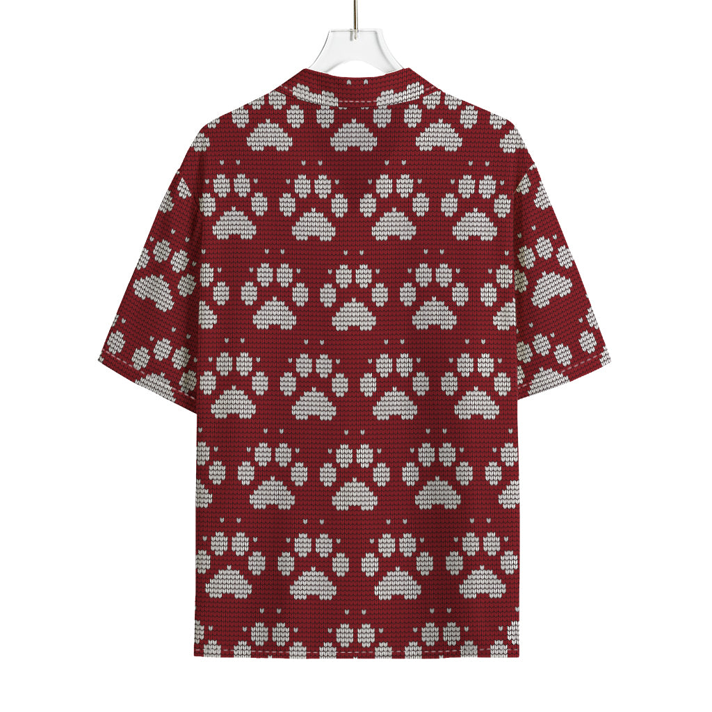 Red And White Paw Knitted Pattern Print Rayon Hawaiian Shirt