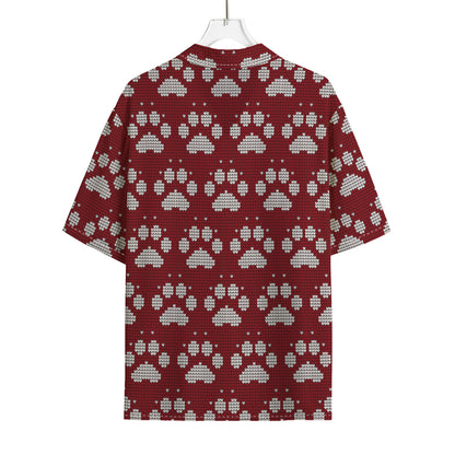 Red And White Paw Knitted Pattern Print Rayon Hawaiian Shirt