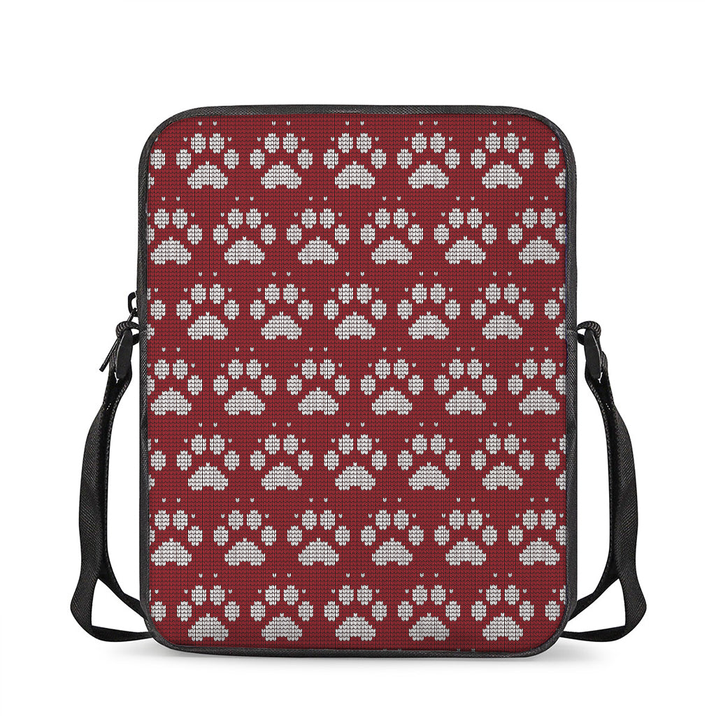 Red And White Paw Knitted Pattern Print Rectangular Crossbody Bag