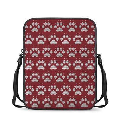 Red And White Paw Knitted Pattern Print Rectangular Crossbody Bag