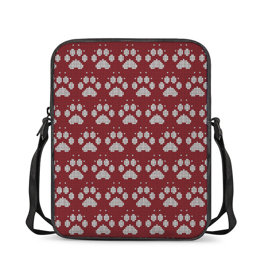 Red And White Paw Knitted Pattern Print Rectangular Crossbody Bag