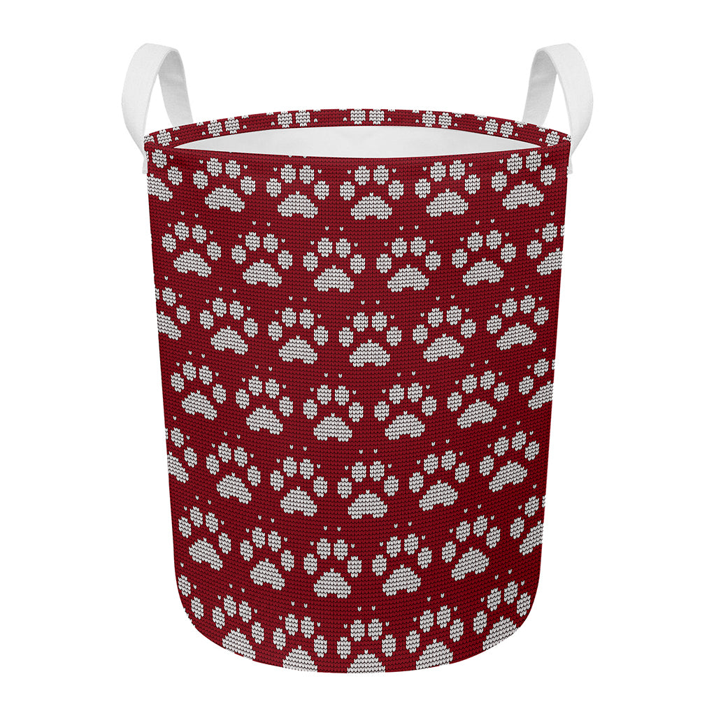 Red And White Paw Knitted Pattern Print Round Laundry Basket