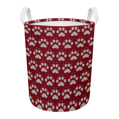 Red And White Paw Knitted Pattern Print Round Laundry Basket