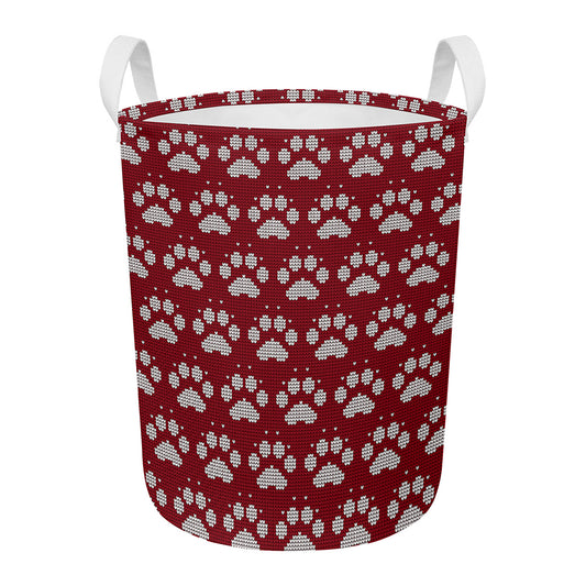 Red And White Paw Knitted Pattern Print Round Laundry Basket
