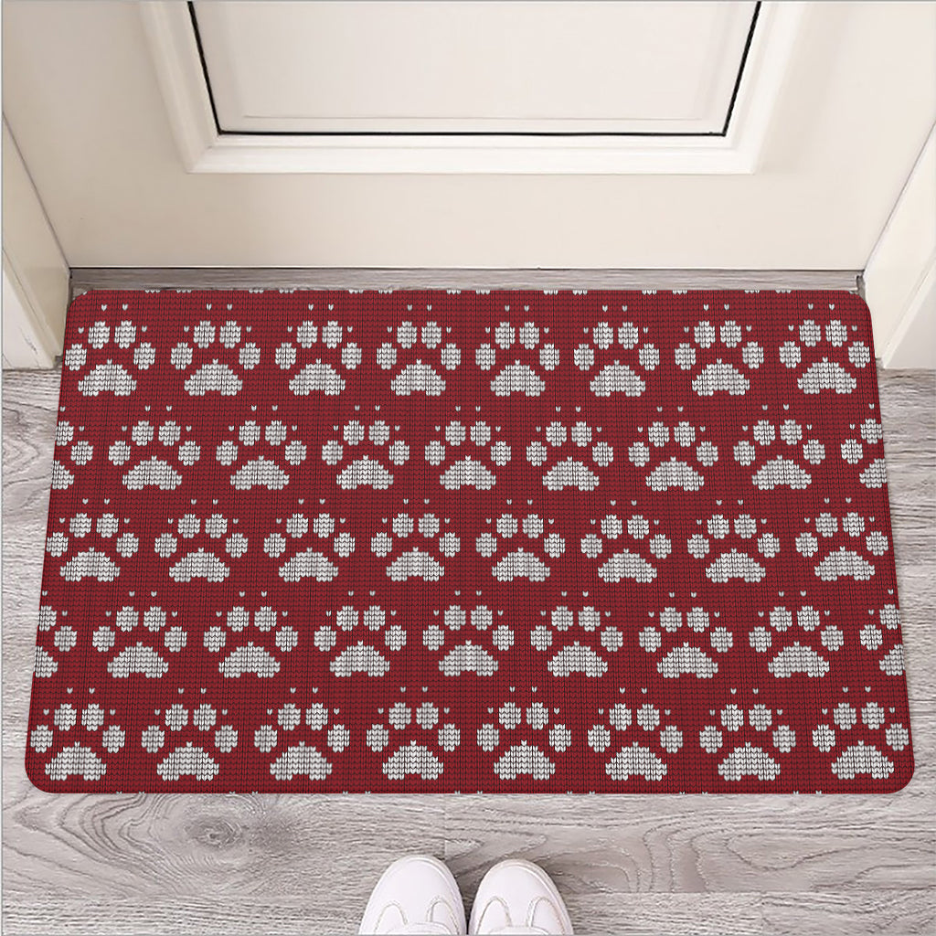 Red And White Paw Knitted Pattern Print Rubber Doormat