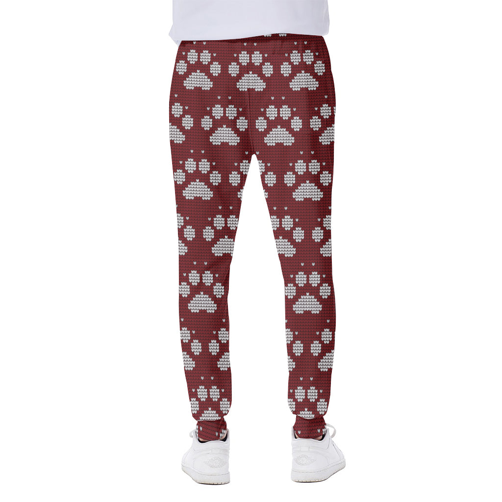 Red And White Paw Knitted Pattern Print Scuba Joggers