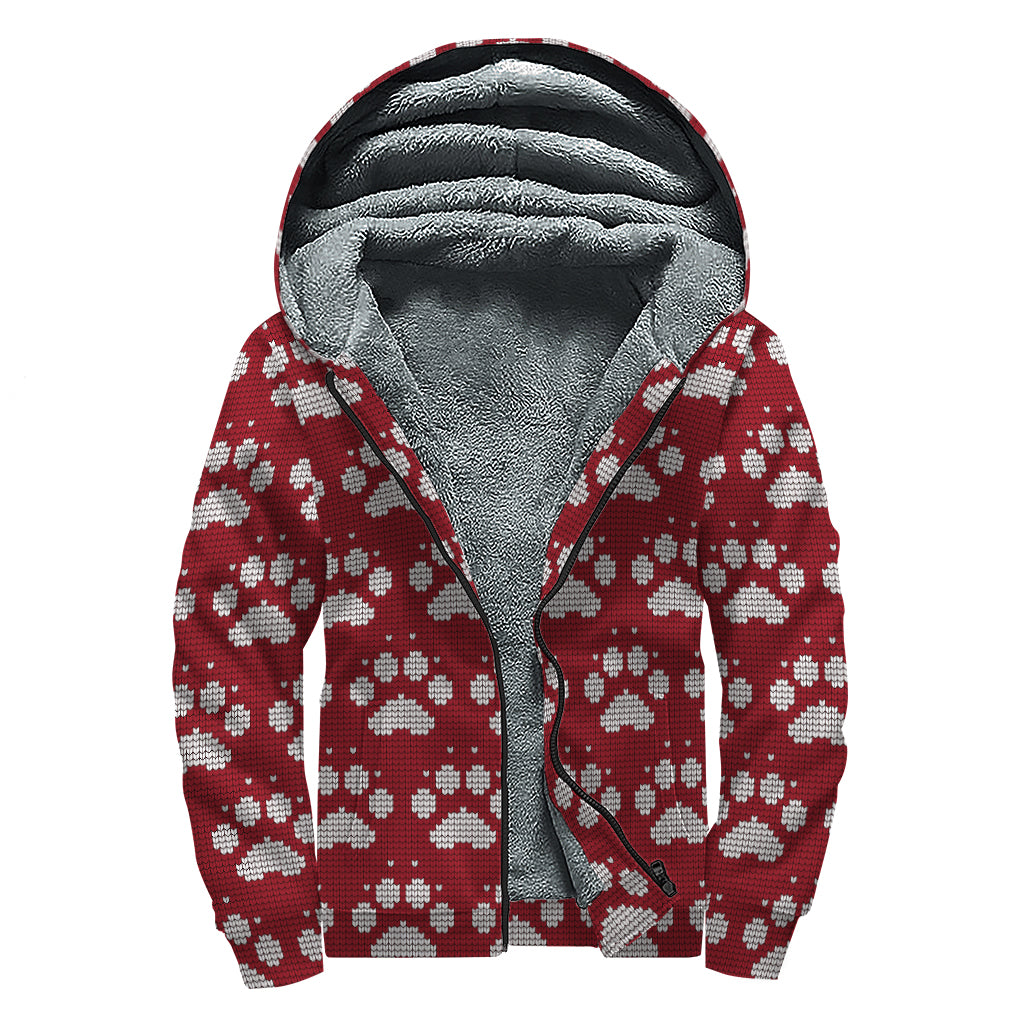 Red And White Paw Knitted Pattern Print Sherpa Lined Zip Up Hoodie