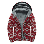 Red And White Paw Knitted Pattern Print Sherpa Lined Zip Up Hoodie