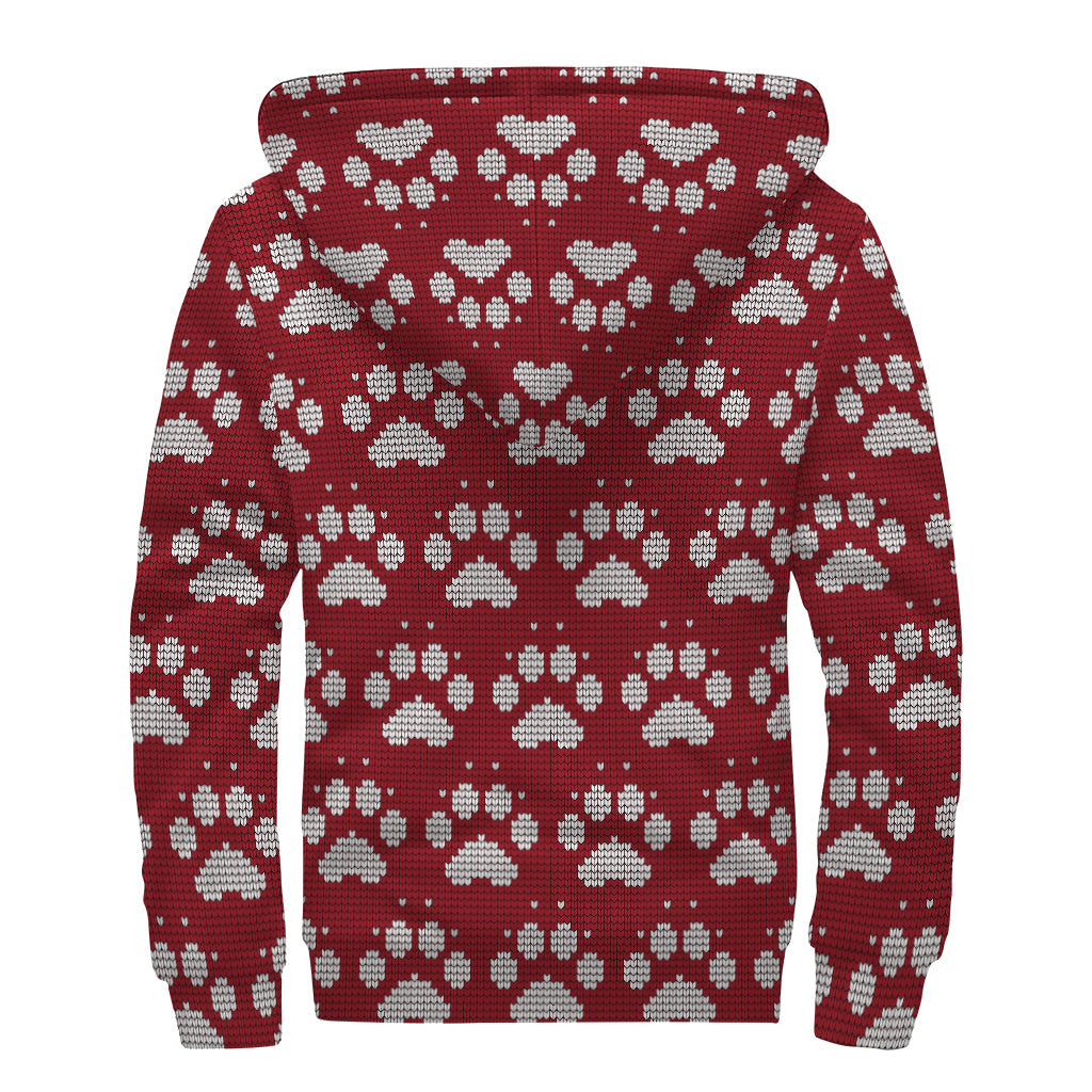 Red And White Paw Knitted Pattern Print Sherpa Lined Zip Up Hoodie