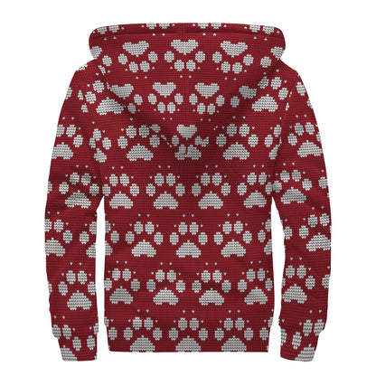 Red And White Paw Knitted Pattern Print Sherpa Lined Zip Up Hoodie