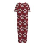 Red And White Paw Knitted Pattern Print Short Sleeve Long Nightdress