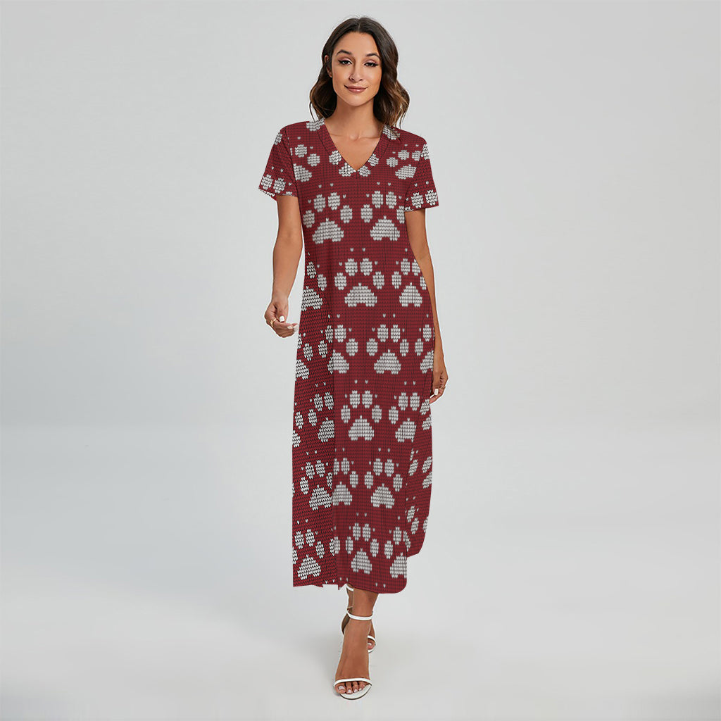 Red And White Paw Knitted Pattern Print Short Sleeve Maxi Dress