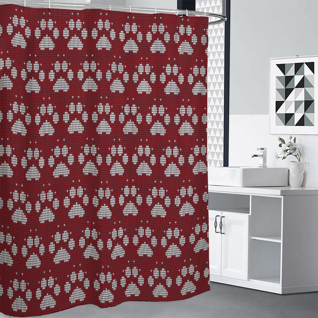 Red And White Paw Knitted Pattern Print Shower Curtain