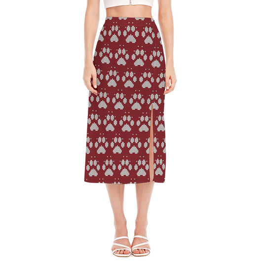 Red And White Paw Knitted Pattern Print Side Slit Midi Skirt