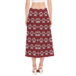 Red And White Paw Knitted Pattern Print Side Slit Midi Skirt