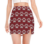 Red And White Paw Knitted Pattern Print Side Slit Mini Skirt