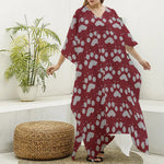Red And White Paw Knitted Pattern Print Silk V-Neck Kaftan Dress