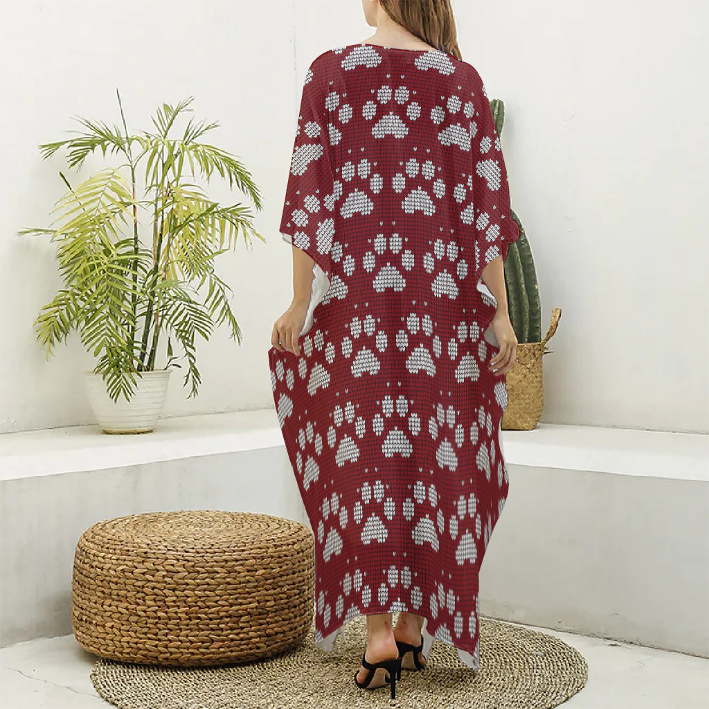 Red And White Paw Knitted Pattern Print Silk V-Neck Kaftan Dress