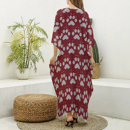 Red And White Paw Knitted Pattern Print Silk V-Neck Kaftan Dress