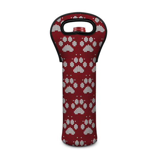 Red And White Paw Knitted Pattern Print Single Neoprene Wine Tote