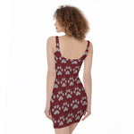 Red And White Paw Knitted Pattern Print Sleeveless Bodycon Dress