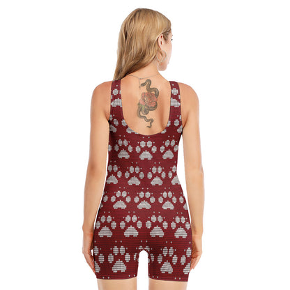 Red And White Paw Knitted Pattern Print Sleeveless One Piece Swimsuit