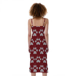 Red And White Paw Knitted Pattern Print Slim Fit Midi Cami Dress
