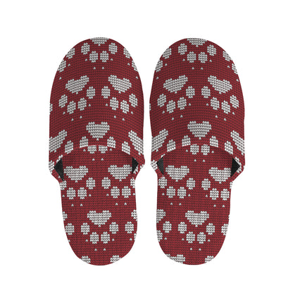Red And White Paw Knitted Pattern Print Slippers