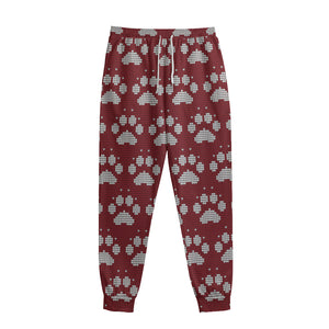 Red And White Paw Knitted Pattern Print Sweatpants