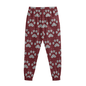 Red And White Paw Knitted Pattern Print Sweatpants