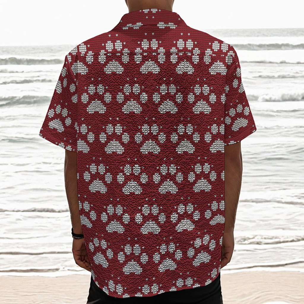 Red And White Paw Knitted Pattern Print Textured Short Sleeve Shirt