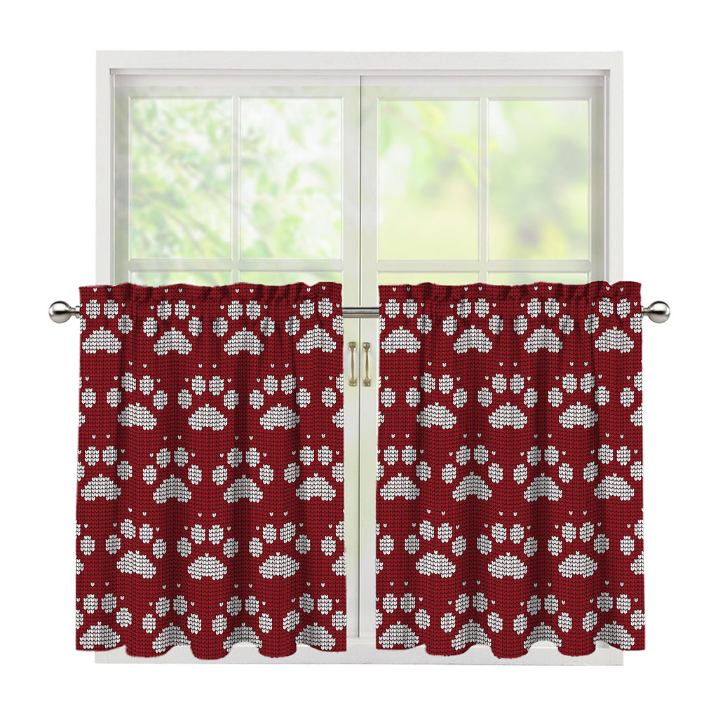 Red And White Paw Knitted Pattern Print Tier Curtains