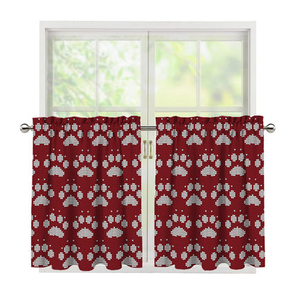 Red And White Paw Knitted Pattern Print Tier Curtains