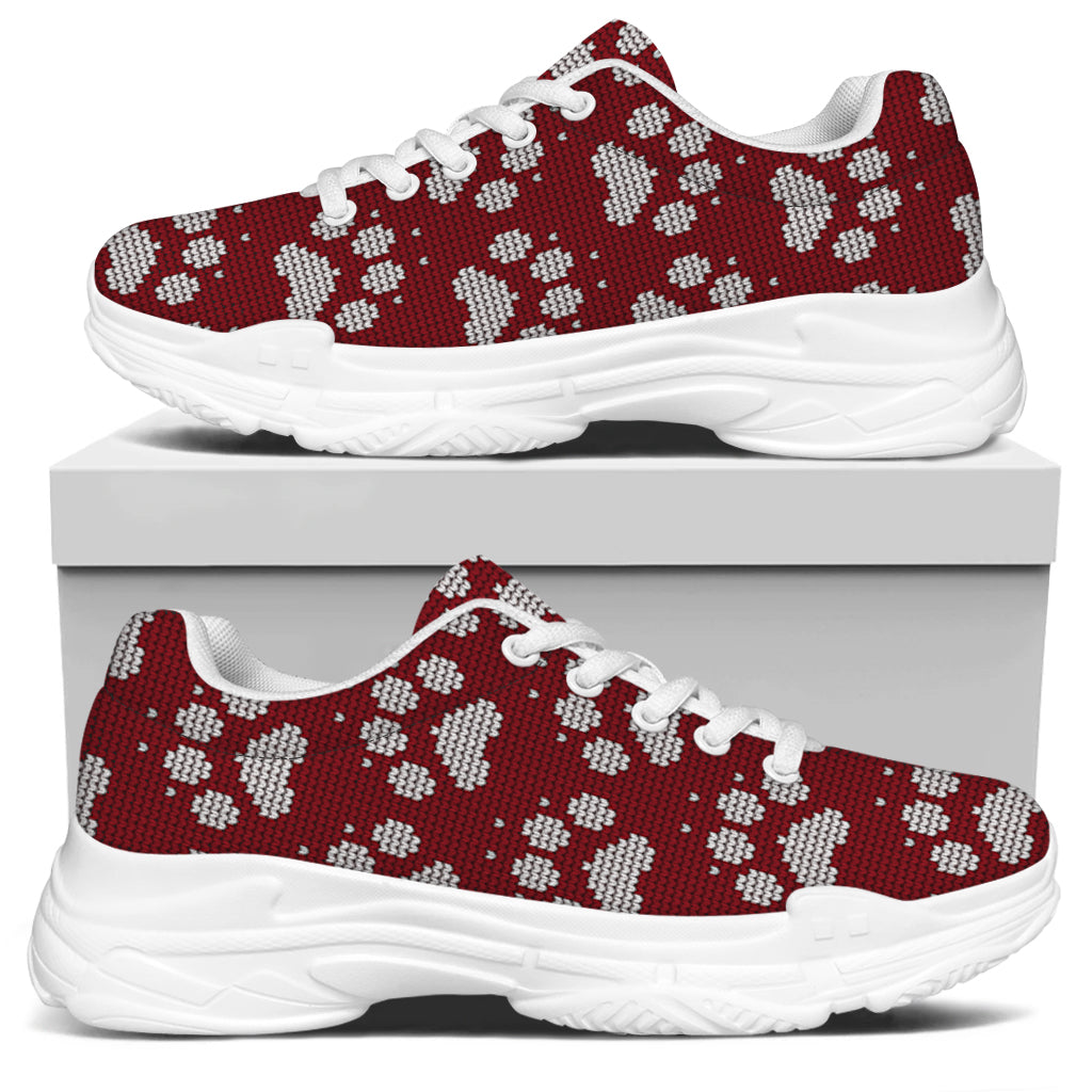 Red And White Paw Knitted Pattern Print White Chunky Shoes