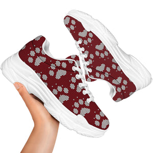 Red And White Paw Knitted Pattern Print White Chunky Shoes