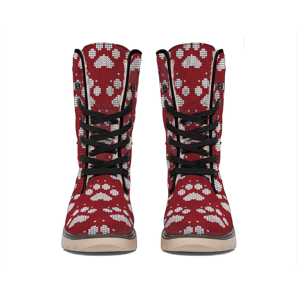 Red And White Paw Knitted Pattern Print Winter Boots