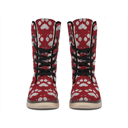 Red And White Paw Knitted Pattern Print Winter Boots