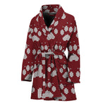 Red And White Paw Knitted Pattern Print Women's Bathrobe