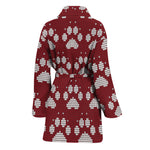 Red And White Paw Knitted Pattern Print Women's Bathrobe