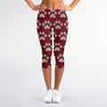 Red And White Paw Knitted Pattern Print Women's Capri Leggings
